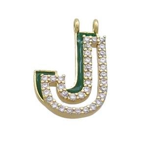 Copper Pendant Pave Zircon Green Enamel Letter-J 2loops Gold Plated, approx 15-16mm