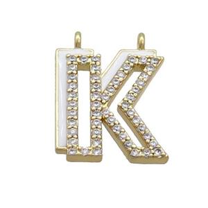 Copper Pendant Pave Zircon White Enamel Letter-K 2loops Gold Plated, approx 15-16mm