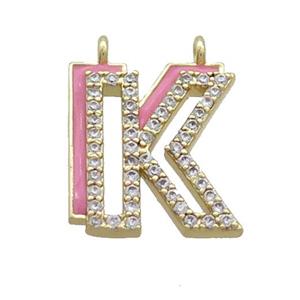 Copper Pendant Pave Zircon Pink Enamel Letter-K 2loops Gold Plated, approx 15-16mm