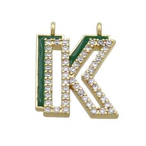 Copper Pendant Pave Zircon Green Enamel Letter-K 2loops Gold Plated, approx 15-16mm