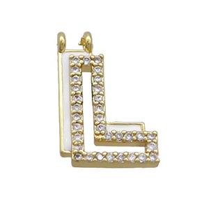 Copper Pendant Pave Zircon White Enamel Letter-L 2loops Gold Plated, approx 15-16mm