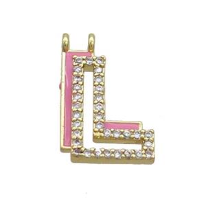 Copper Pendant Pave Zircon Pink Enamel Letter-L 2loops Gold Plated, approx 15-16mm