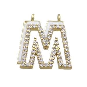 Copper Pendant Pave Zircon White Enamel Letter-M 2loops Gold Plated, approx 15-16mm