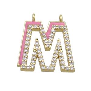 Copper Pendant Pave Zircon Pink Enamel Letter-M 2loops Gold Plated, approx 15-16mm