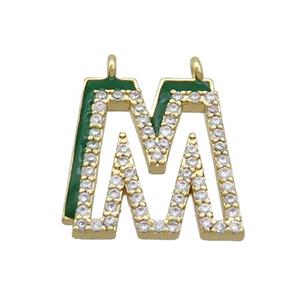 Copper Pendant Pave Zircon Green Enamel Letter-M 2loops Gold Plated, approx 15-16mm