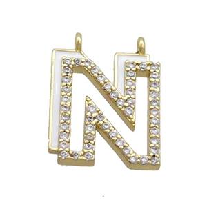 Copper Pendant Pave Zircon White Enamel Letter-N 2loops Gold Plated, approx 15-16mm
