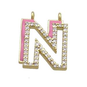 Copper Pendant Pave Zircon Pink Enamel Letter-N 2loops Gold Plated, approx 15-16mm
