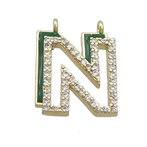 Copper Pendant Pave Zircon Green Enamel Letter-N 2loops Gold Plated, approx 15-16mm