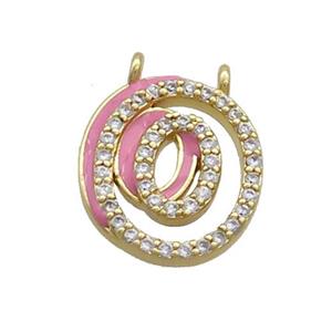 Copper Pendant Pave Zircon Pink Enamel Letter-O 2loops Gold Plated, approx 15-16mm