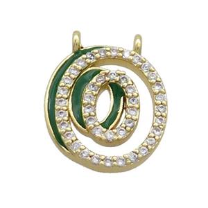 Copper Pendant Pave Zircon Green Enamel Letter-O 2loops Gold Plated, approx 15-16mm