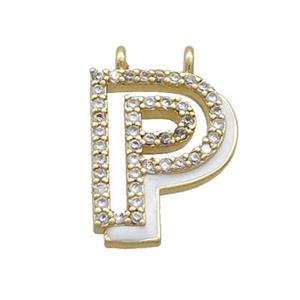 Copper Pendant Pave Zircon White Enamel Letter-P 2loops Gold Plated, approx 15-16mm