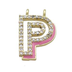 Copper Pendant Pave Zircon Pink Enamel Letter-P 2loops Gold Plated, approx 15-16mm