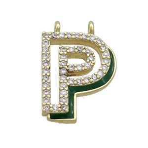 Copper Pendant Pave Zircon Green Enamel Letter-P 2loops Gold Plated, approx 15-16mm