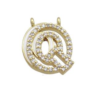 Copper Pendant Pave Zircon White Enamel Letter-Q 2loops Gold Plated, approx 15-16mm