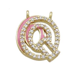 Copper Pendant Pave Zircon Pink Enamel Letter-Q 2loops Gold Plated, approx 15-16mm