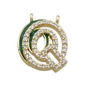 Copper Pendant Pave Zircon Green Enamel Letter-Q 2loops Gold Plated, approx 15-16mm