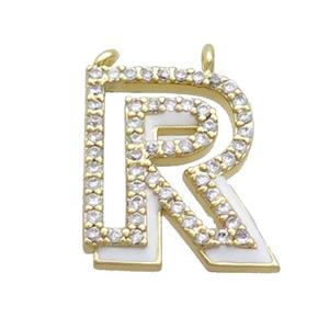 Copper Pendant Pave Zircon White Enamel Letter-R 2loops Gold Plated, approx 15-16mm
