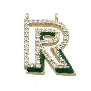 Copper Pendant Pave Zircon Green Enamel Letter-R 2loops Gold Plated, approx 15-16mm