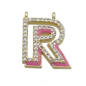 Copper Pendant Pave Zircon Pink Enamel Letter-R 2loops Gold Plated, approx 15-16mm