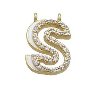 Copper Pendant Pave Zircon White Enamel Letter-S 2loops Gold Plated, approx 15-16mm