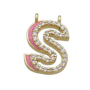 Copper Pendant Pave Zircon Pink Enamel Letter-S 2loops Gold Plated, approx 15-16mm