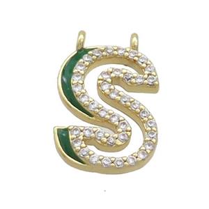 Copper Pendant Pave Zircon Green Enamel Letter-S 2loops Gold Plated, approx 15-16mm