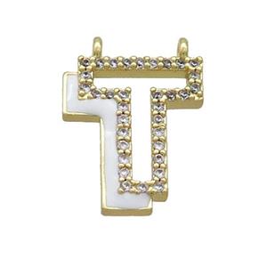 Copper Pendant Pave Zircon White Enamel Letter-T 2loops Gold Plated, approx 15-16mm