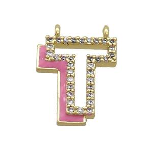 Copper Pendant Pave Zircon Pink Enamel Letter-T 2loops Gold Plated, approx 15-16mm