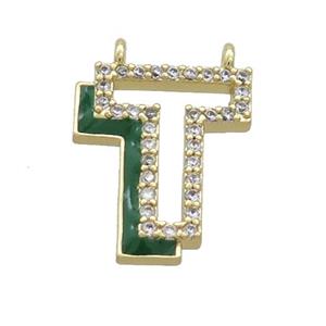Copper Pendant Pave Zircon Green Enamel Letter-T 2loops Gold Plated, approx 15-16mm