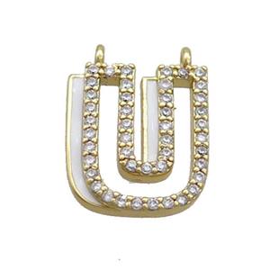 Copper Pendant Pave Zircon White Enamel Letter-U 2loops Gold Plated, approx 15-16mm