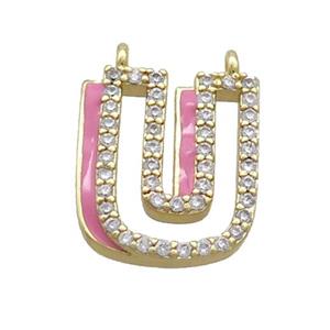 Copper Pendant Pave Zircon Pink Enamel Letter-U 2loops Gold Plated, approx 15-16mm