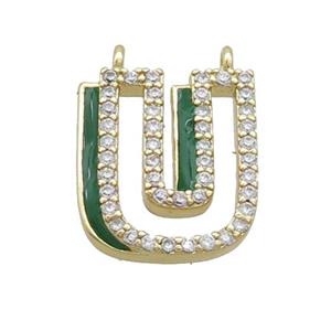 Copper Pendant Pave Zircon Green Enamel Letter-U 2loops Gold Plated, approx 15-16mm