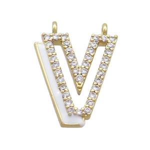Copper Pendant Pave Zircon White Enamel Letter-V 2loops Gold Plated, approx 15-16mm