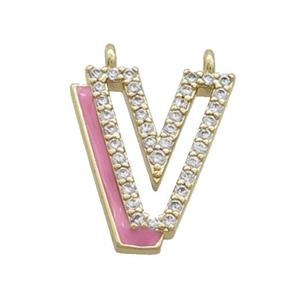 Copper Pendant Pave Zircon Pink Enamel Letter-V 2loops Gold Plated, approx 15-16mm