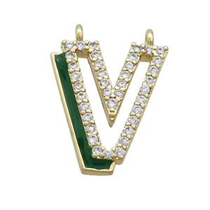 Copper Pendant Pave Zircon Green Enamel Letter-V 2loops Gold Plated, approx 15-16mm