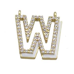 Copper Pendant Pave Zircon White Enamel Letter-W 2loops Gold Plated, approx 15-16mm