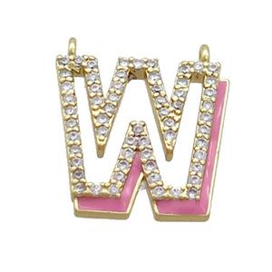 Copper Pendant Pave Zircon Pink Enamel Letter-W 2loops Gold Plated, approx 15-16mm