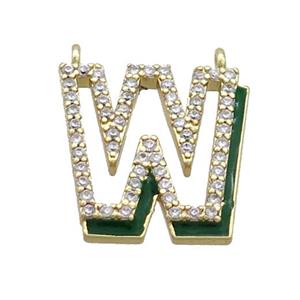 Copper Pendant Pave Zircon Green Enamel Letter-W 2loops Gold Plated, approx 15-16mm