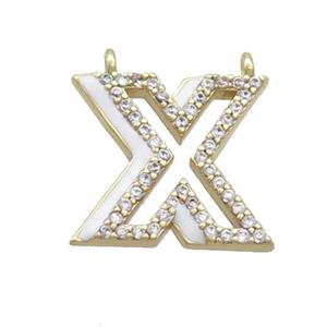 Copper Pendant Pave Zircon White Enamel Letter-X 2loops Gold Plated, approx 15-16mm