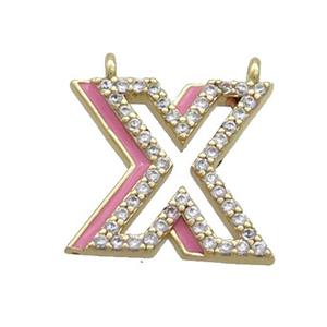 Copper Pendant Pave Zircon Pink Enamel Letter-X 2loops Gold Plated, approx 15-16mm