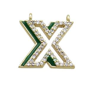 Copper Pendant Pave Zircon Green Enamel Letter-X 2loops Gold Plated, approx 15-16mm