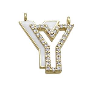 Copper Pendant Pave Zircon White Enamel Letter-Y 2loops Gold Plated, approx 15-16mm