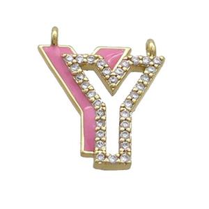 Copper Pendant Pave Zircon Pink Enamel Letter-Y 2loops Gold Plated, approx 15-16mm