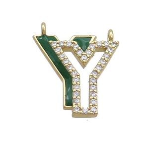 Copper Pendant Pave Zircon Green Enamel Letter-Y 2loops Gold Plated, approx 15-16mm