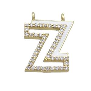 Copper Pendant Pave Zircon White Enamel Letter-Z 2loops Gold Plated, approx 15-16mm
