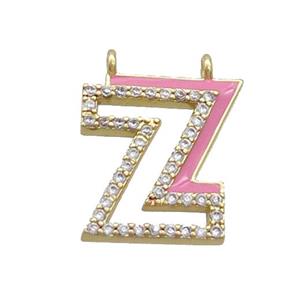 Copper Pendant Pave Zircon Pink Enamel Letter-Z 2loops Gold Plated, approx 15-16mm