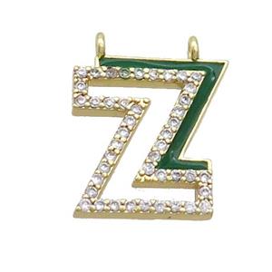Copper Pendant Pave Zircon Green Enamel Letter-Z 2loops Gold Plated, approx 15-16mm