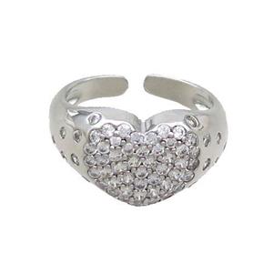 Copper Ring Pave Zircon Heart Platinum Plated, approx 13mm, 18mm dia