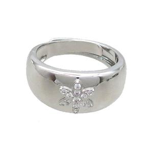 Copper Ring Pave Zircon Flower Adjustable Platinum Plated, approx 9mm, 18mm dia