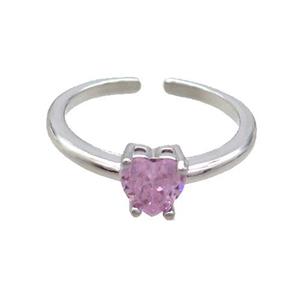 Copper Ring Pave Pink Crystal Glass Heart Platinum Plated, approx 6mm, 18mm dia